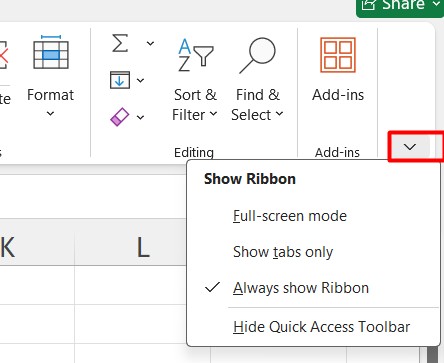 Chế độ Show Ribbon
