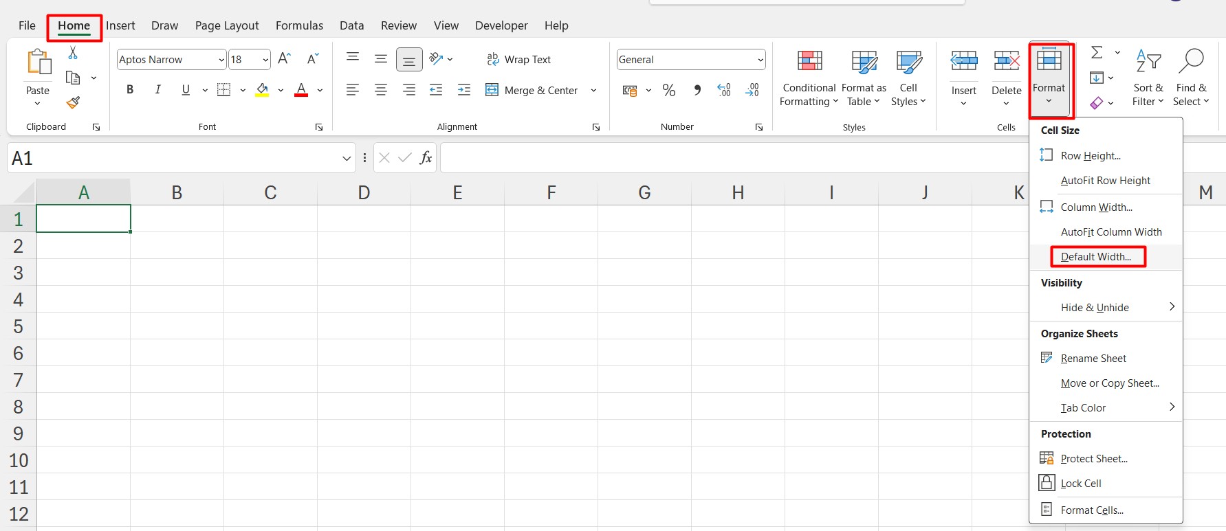 Excel default column width