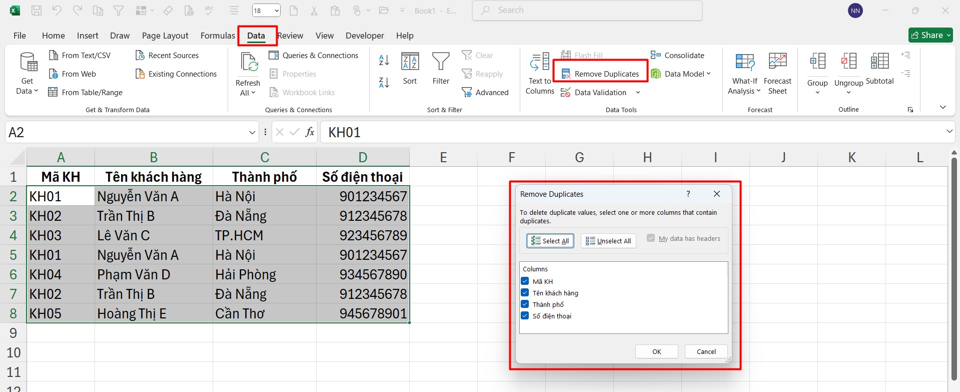 công cụ có sẵn Remove Duplicates
