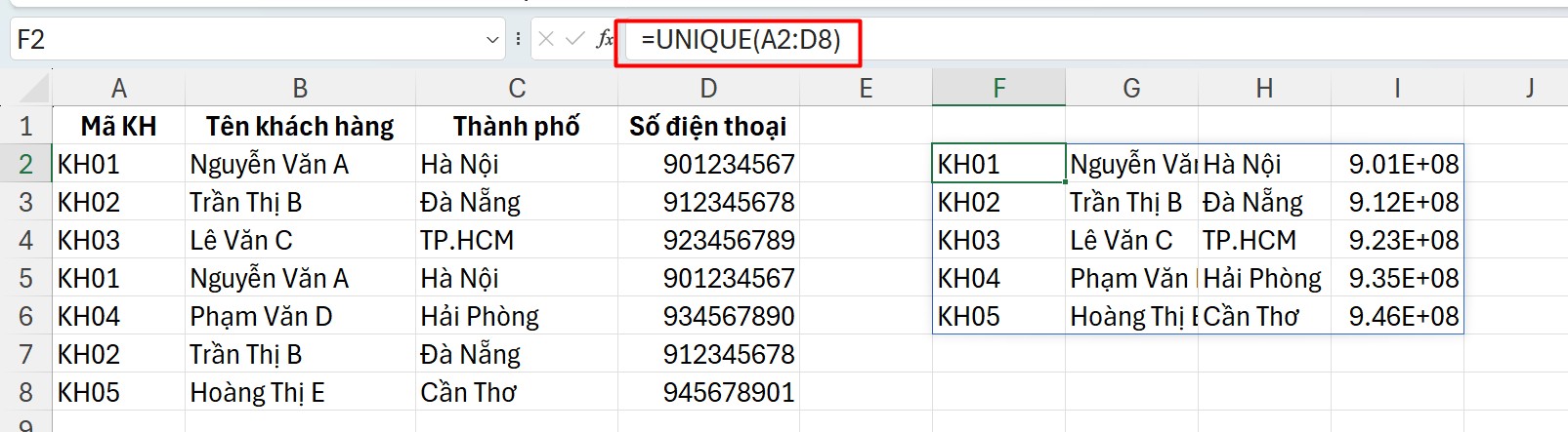 Xóa giá trị trùng lặp bằng hàm Unique