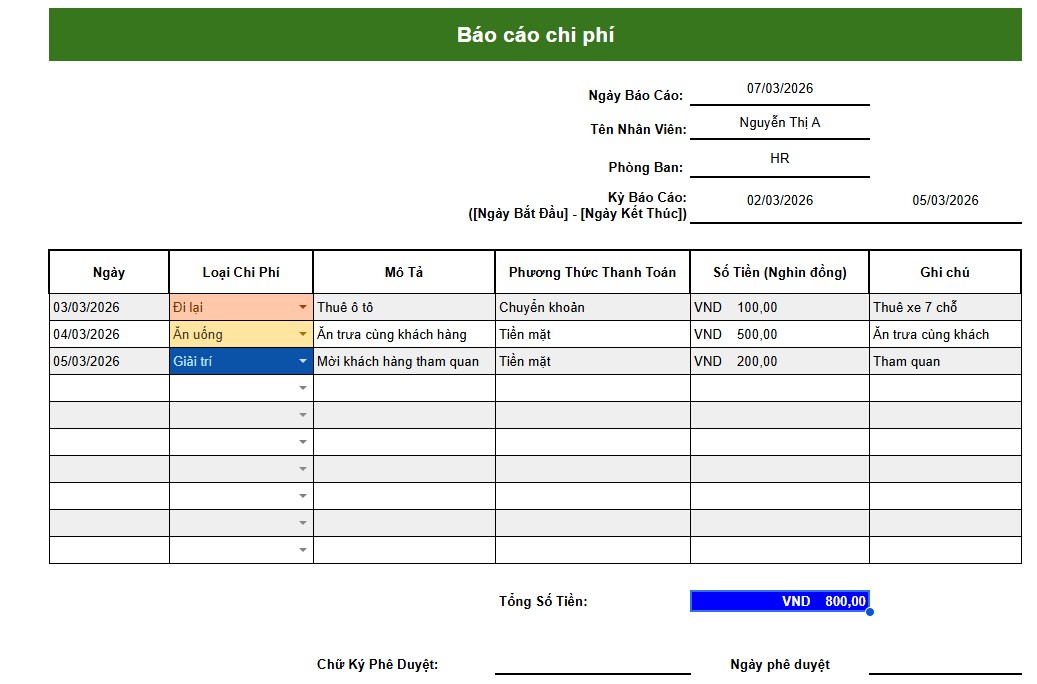 Google Sheet Template Báo cáo chi phí