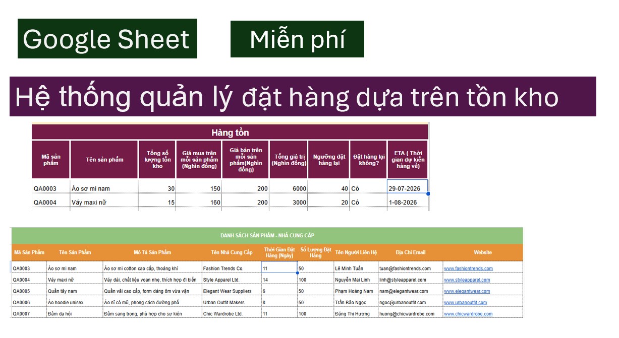 Google Sheets template Hệ thống quản lý đặt hàng dựa trên tồn kho